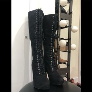 OTK Knee High Lace Up Suede Black Boots Pumps Heel